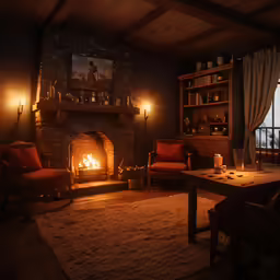 a living room with a fireplace, couch, chairs and coffee table