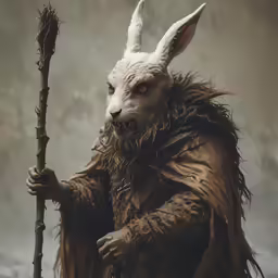 a man wearing an animal mask and holding a stick