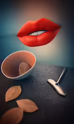 a bowl filled with a spoon and lipstick on a table