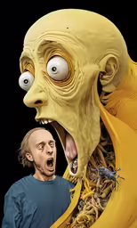a yellow figure with eyes wide open and a head inside of it