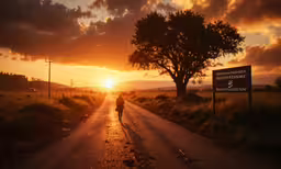 the person is walking down the road towards a sunset
