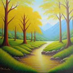 painting on the wall of the room shows a green valley,a painting of stream in the middle of a green forest,a painting of a river is shown in this picture,a painting of a green landscape with a stream,a painting of trees and a stream in a forested area