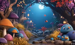 a small area with many mushrooms and other objects in the woods