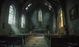 the alter of an old church with stained glass