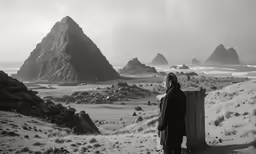 a person standing in front of the mountains on the desert