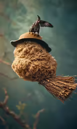 the bird is perched on the top of the broom