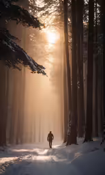 a man is walking alone in a snow covered forest at sunset