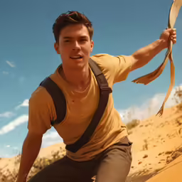 a man in yellow shirt holding up an arrow