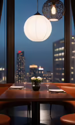 a very large room with a dining table and some lights