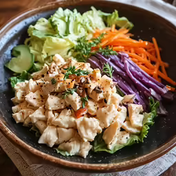 some pasta and other foods are in a brown bowl