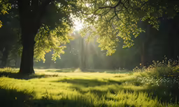 an open field with trees and flowers in the background