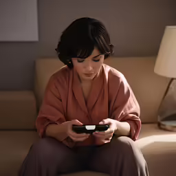 a woman on a couch, texting and holding a cell phone