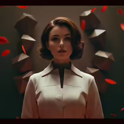 a woman with a collar standing in front of a wall with red flowers