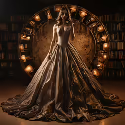 woman wearing wedding gown in front of bookshelf
