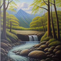 painting on canvas of a stream in the forest with mountains and trees,a painting with rocks in the foreground and a waterfall on a hill behind it,an oil painting of a waterfall in a mountainous landscape,a painting of rocks, trees, and water,this painting shows a stream flowing through a valley