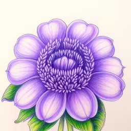 purple flowers on a white background are shown,a drawing of a large purple flower with leaves,there is a drawing of a purple flower,a drawing of purple flower with leaves on the petals,a blue flower with green leaves in the center