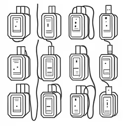 a set of eight different luggage tags,a number of luggage bags with various handles,a bunch of black and white luggage tags on a white background,a black and white drawing of a row of luggage bags,there are many black and white luggage tags