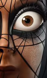the face of an oriental woman has spider web in her eyes