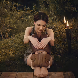a woman is sitting on a wooden platform in the woods, holding her hands to her knees with a candle in the background