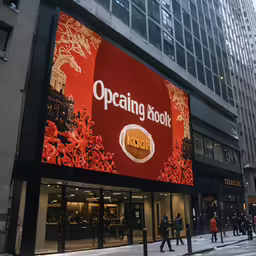 people walking by a store with an advertisement on it