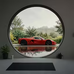 an oval window shows the reflection of a red sports car