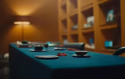 some blue table cloths and plates on it