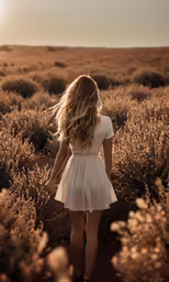 a beautiful blonde woman walking through tall grass