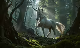 a white unicorn runs through a dark, shadowy forest