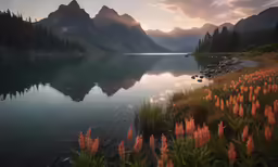 a mountain lake surrounded by grass and flowers