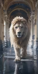 a close up of a lion on a walkway