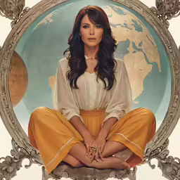 a woman sitting on top of a marble surface