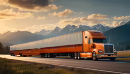 a large truck with multiple trailers driving on the highway,an orange semi truck travels down the highway
