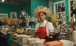 woman wearing a large hat next to stacks of plates
