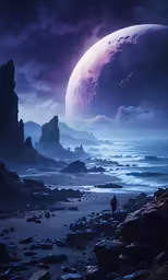 an alien land scene with an exoplane on the horizon