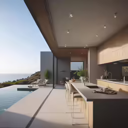 the counter in front of the kitchen is near a large swimming pool