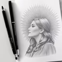 a drawing of a woman with sunbeams on her face