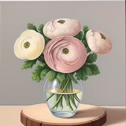there is a painting of a vase with flowers in it,a painting of pink and white flowers sitting in a vase,a painting of some pink and white flowers,a vase filled with water and flowers,there are many flowers in the vase on the table