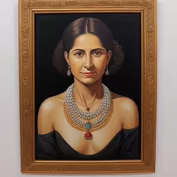 a painting of a woman with a necklace and rings,portrait painting of a woman wearing a necklace,a portrait of a woman in a dark top with a gold frame,a painting of a woman wearing pearls and necklaces,a painting of a woman in black with pearls