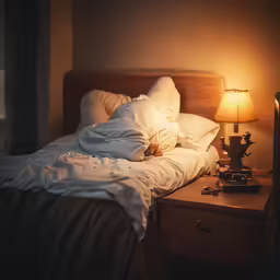 a bedroom with a bed, lamp and a night stand