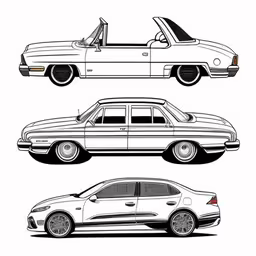 three different versions of the same model from a different time,three different vehicles in various stages of being drawn