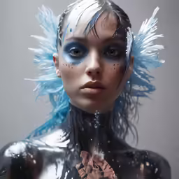 a woman with blue hair and feathers painted on