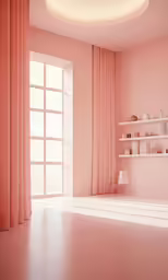 the pink walls and curtains in this room are clean