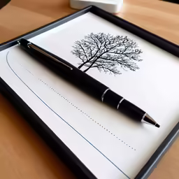 a pen is on top of a drawing of a tree