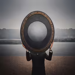 a person holds up a giant object over their face