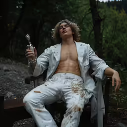 the man is sitting in the chair with his eyes closed