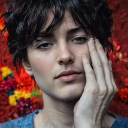 a young man looks ahead while holding his hand to his face
