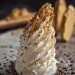 a dessert has whipped cream and a cinnamon roll