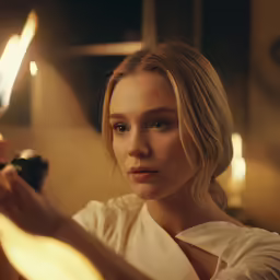 the blonde woman is lit and is looking at something