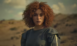 a girl with red hair in a green shirt