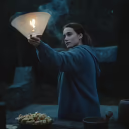 a woman holding an illuminated lamp in her right hand